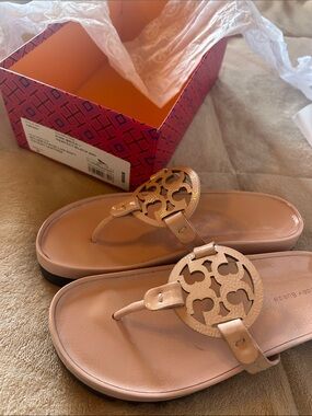 Tory Burch Pink Leather Logo Thong Sandals